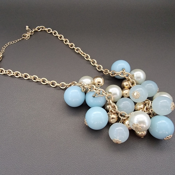 Powder Blue & Pearl Charm Cluster Necklace| Vintage Riviera Glam | Feminine Luxe - Picture 3 of 7